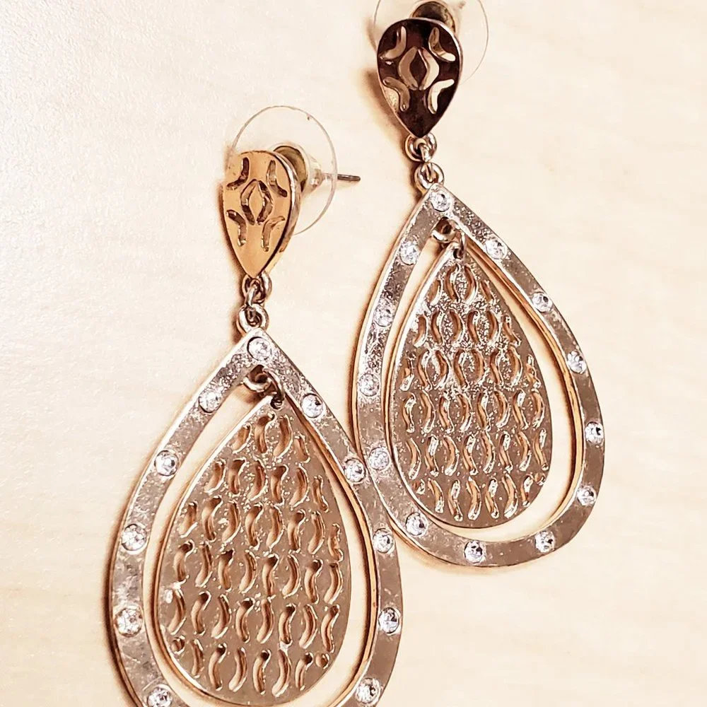 Beautiful Gold Teardrop Pierced Dangle Earrings with Rhinestone Accent